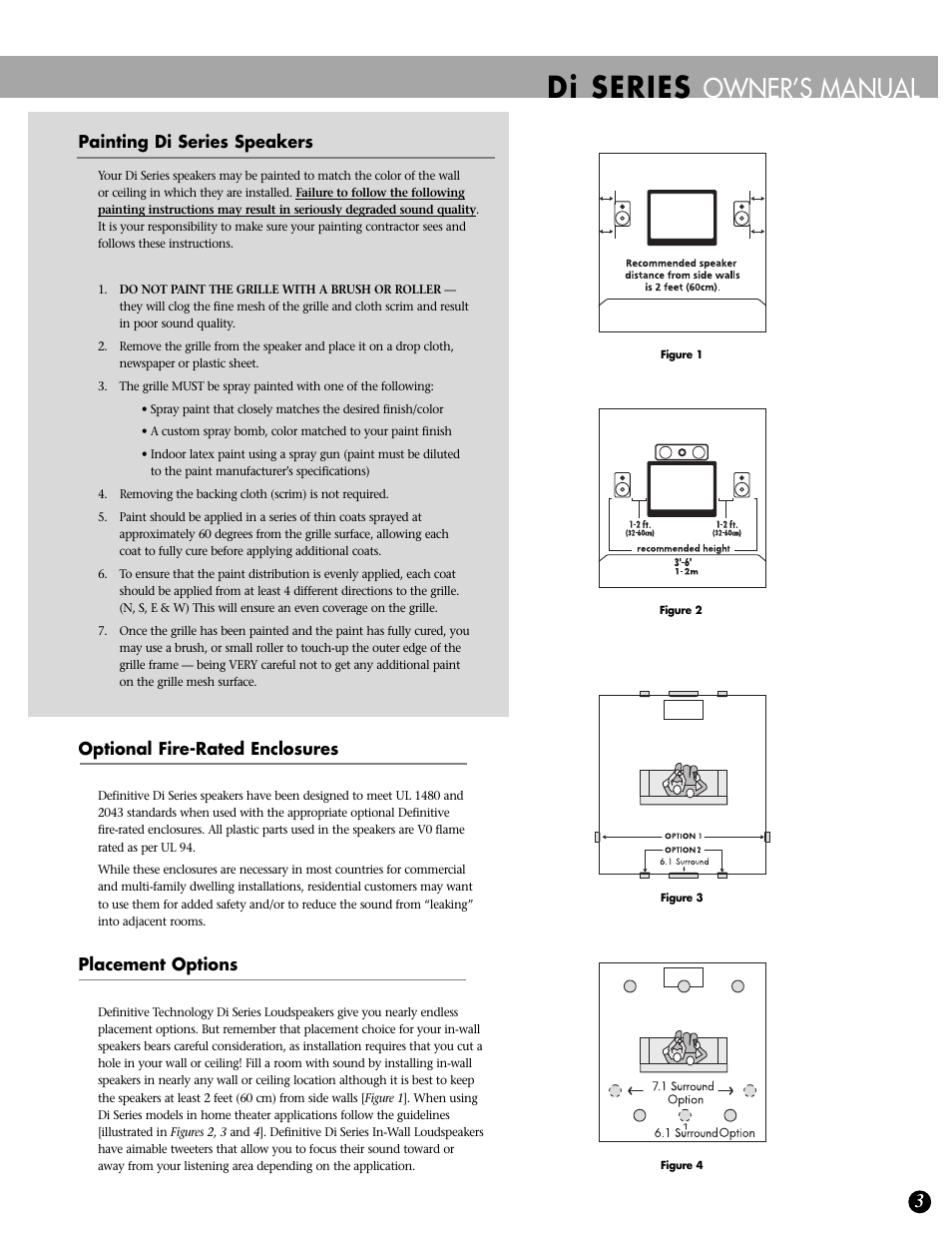 Di series, Owner’s manual, Painting di series speakers | Optional fire-rated enclosures, Placement options | Definitive Technology DI SERIES 3.5R User Manual | Page 3 / 8