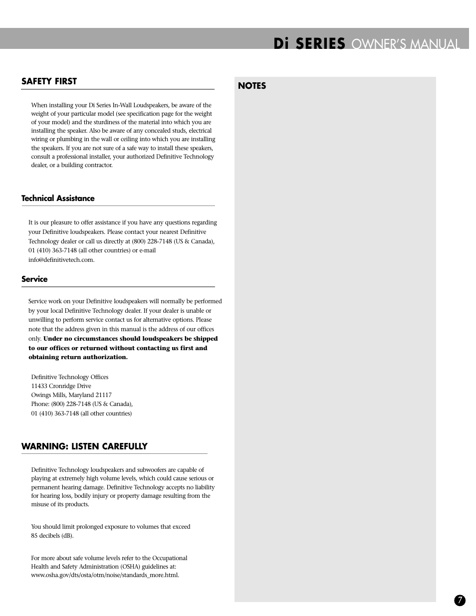 Di series, Owner’s manual | Definitive Technology DI SERIES 3.5R User Manual | Page 7 / 8