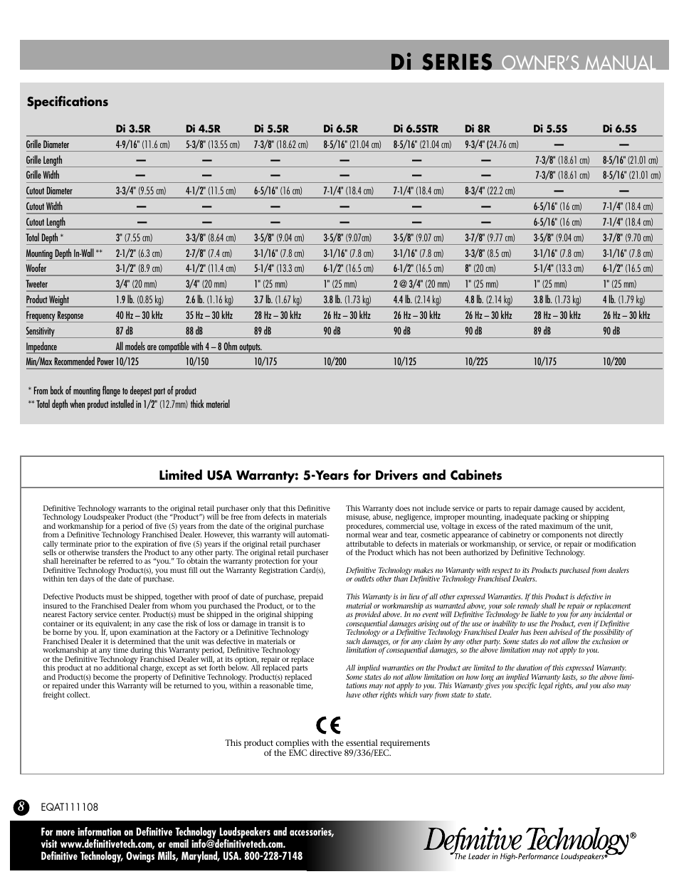 Di series, Owner’s manual | Definitive Technology DI SERIES 3.5R User Manual | Page 8 / 8