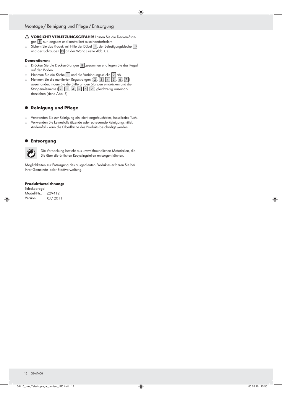 Montage / reinigung und pﬂege / entsorgung, Reinigung und pﬂege, Entsorgung | Miomare Z29412 User Manual | Page 10 / 12