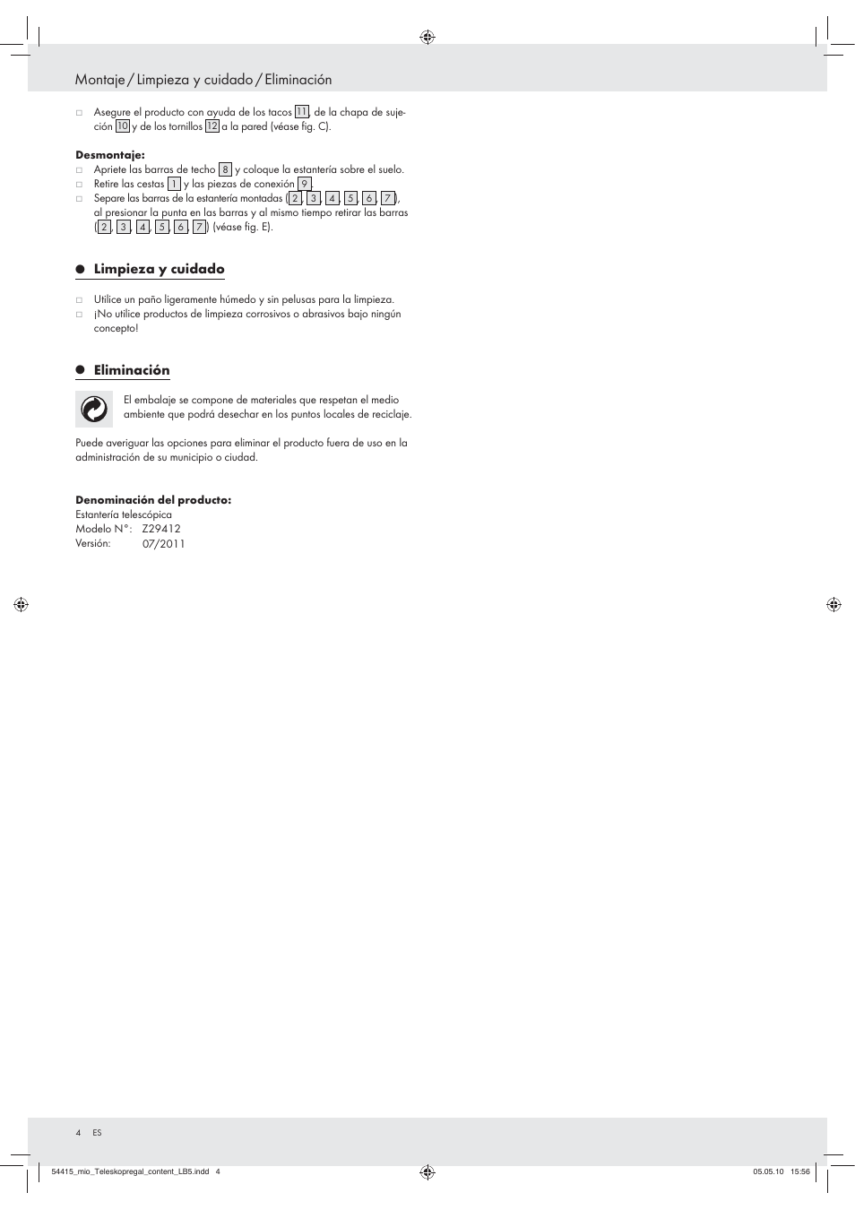 Montaje / limpieza y cuidado / eliminación, Limpieza y cuidado, Eliminación | Miomare Z29412 User Manual | Page 2 / 12