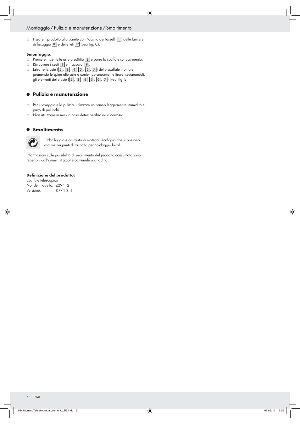 Montaggio / pulizia e manutenzione / smaltimento, Pulizia e manutenzione, Smaltimento | Miomare Z29412 User Manual | Page 4 / 12