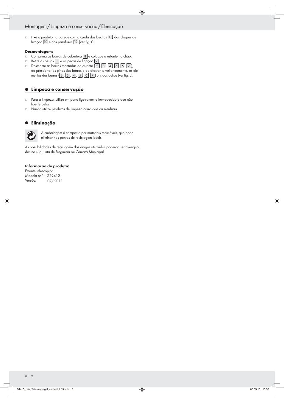Montagem / limpeza e conservação / eliminação, Limpeza e conservação, Eliminação | Miomare Z29412 User Manual | Page 6 / 12