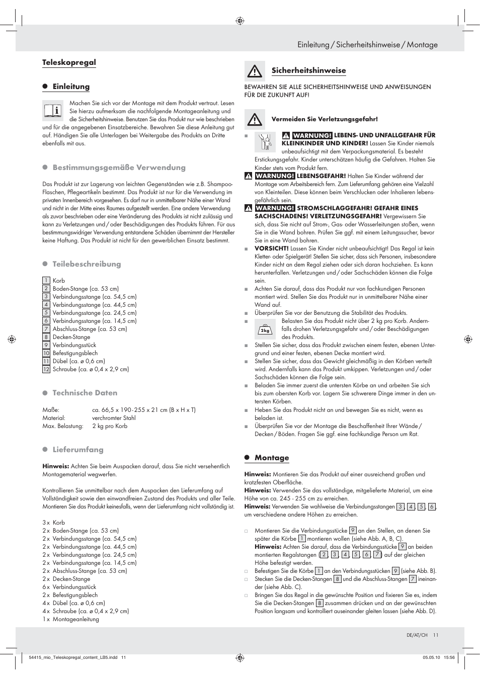 Einleitung / sicherheitshinweise / montage | Miomare Z29412 User Manual | Page 9 / 12