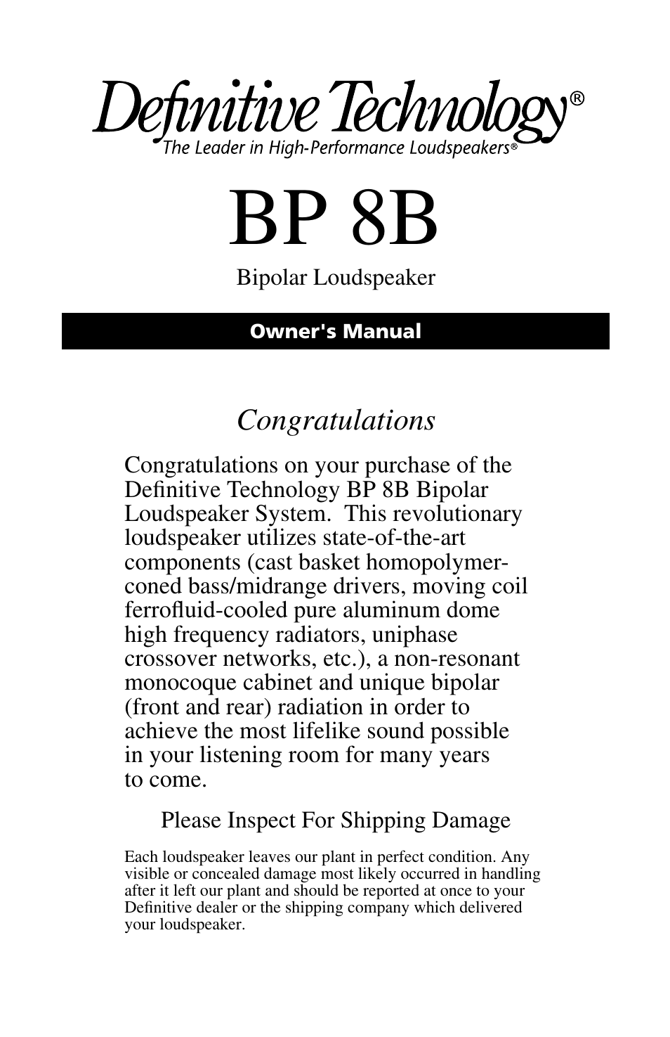 Definitive Technology BP 8B User Manual | 4 pages