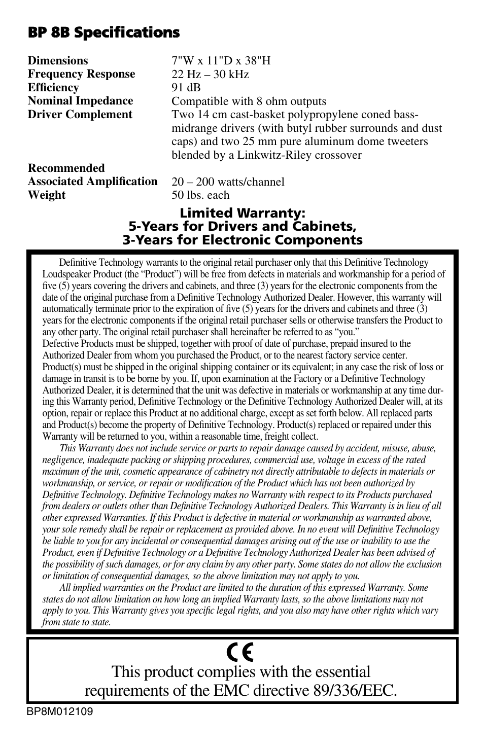 Definitive Technology BP 8B User Manual | Page 4 / 4