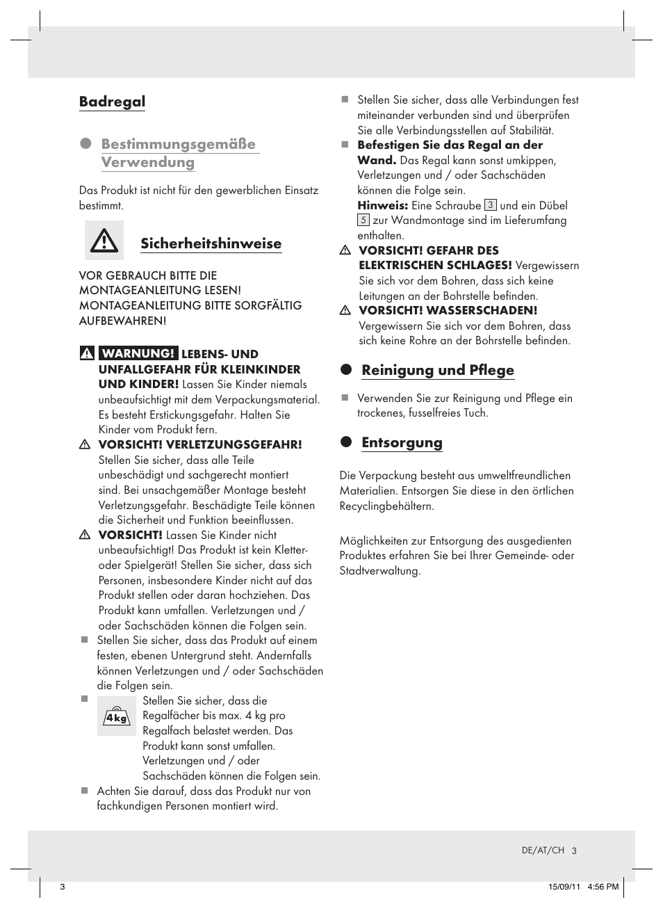 Badregal  bestimmungsgemäße verwendung, Sicherheitshinweise, Reinigung und pflege | Entsorgung | Miomare Z31067 User Manual | Page 3 / 8