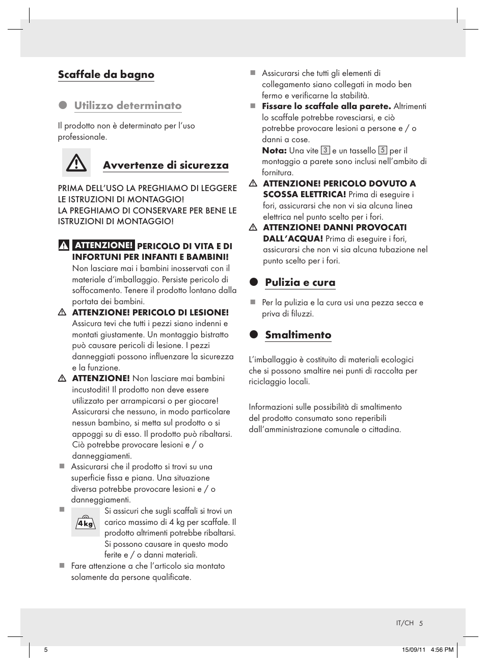 Scaffale da bagno  utilizzo determinato, Avvertenze di sicurezza, Pulizia e cura | Smaltimento | Miomare Z31067 User Manual | Page 5 / 8
