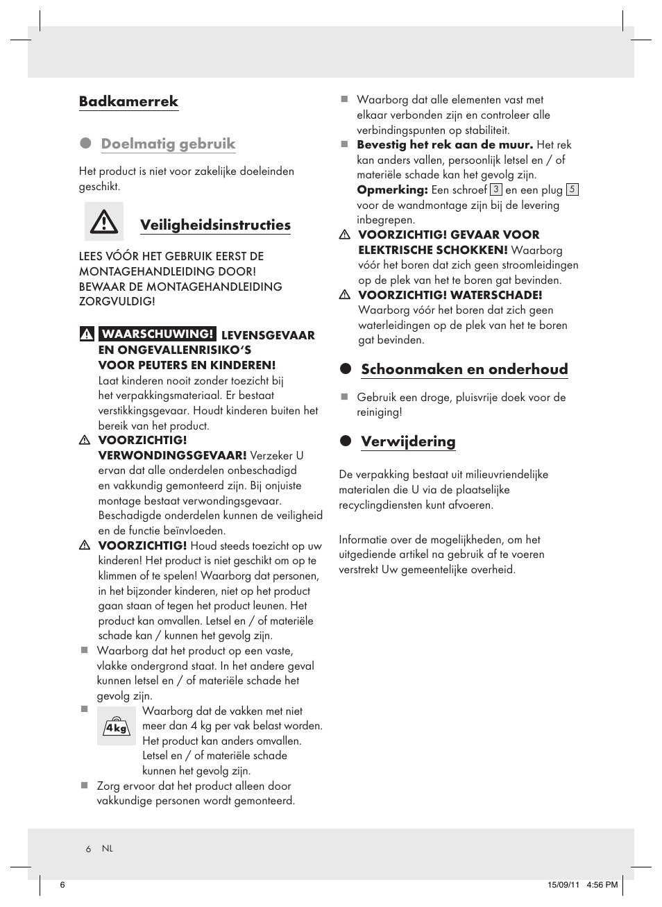 Badkamerrek  doelmatig gebruik, Veiligheidsinstructies, Schoonmaken en onderhoud | Verwijdering | Miomare Z31067 User Manual | Page 6 / 8