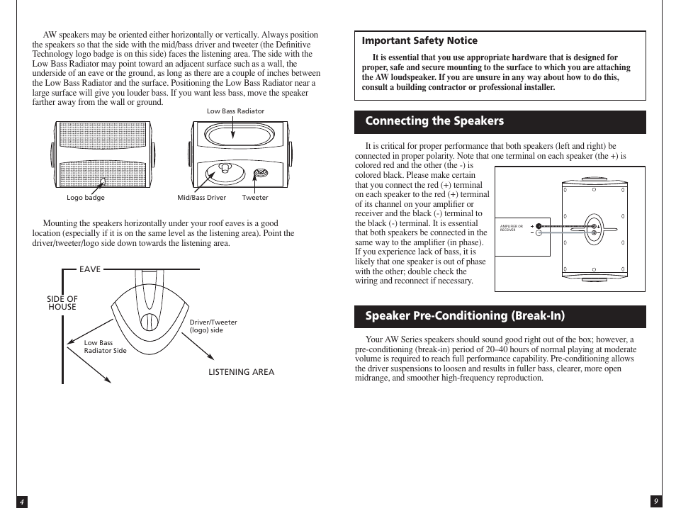 Connecting the speakers, Speaker pre-conditioning (break-in) | Definitive Technology OUTDOOR SPEAKERS AW5500 User Manual | Page 4 / 12