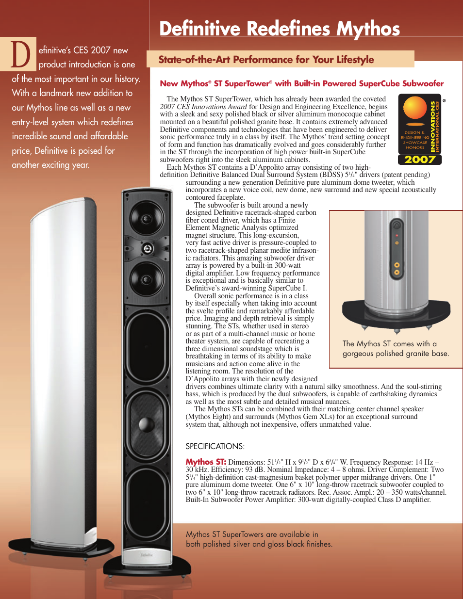 Definitive Technology Mythos ST User Manual | 2 pages