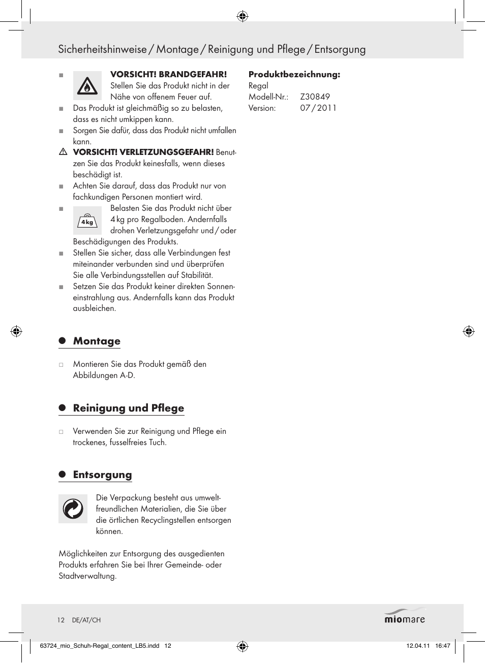 Montage, Reinigung und pflege, Entsorgung | Miomare Z30849 User Manual | Page 10 / 12