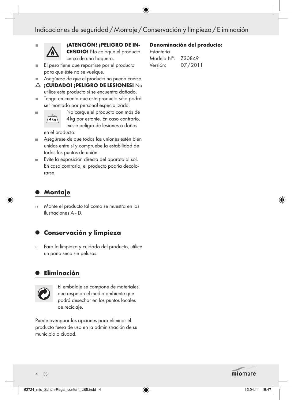 Montaje, Conservación y limpieza, Eliminación | Miomare Z30849 User Manual | Page 2 / 12