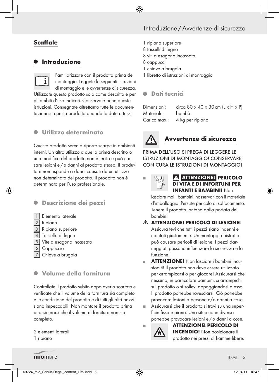 Introduzione / avvertenze di sicurezza, Scaffale, Introduzione | Utilizzo determinato, Descrizione dei pezzi, Volume della fornitura, Dati tecnici, Avvertenze di sicurezza | Miomare Z30849 User Manual | Page 3 / 12