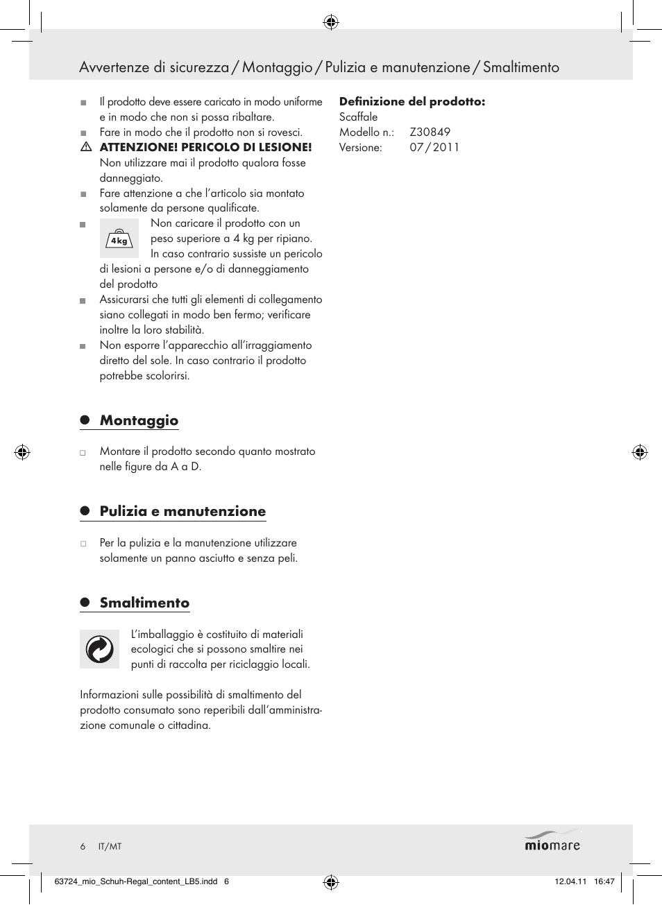 Montaggio, Pulizia e manutenzione, Smaltimento | Miomare Z30849 User Manual | Page 4 / 12