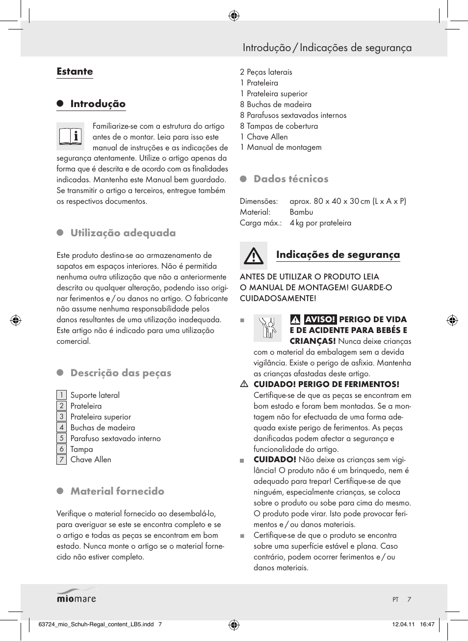 Introdução / indicações de segurança, Estante, Introdução | Utilização adequada, Descrição das peças, Material fornecido, Dados técnicos, Indicações de segurança | Miomare Z30849 User Manual | Page 5 / 12