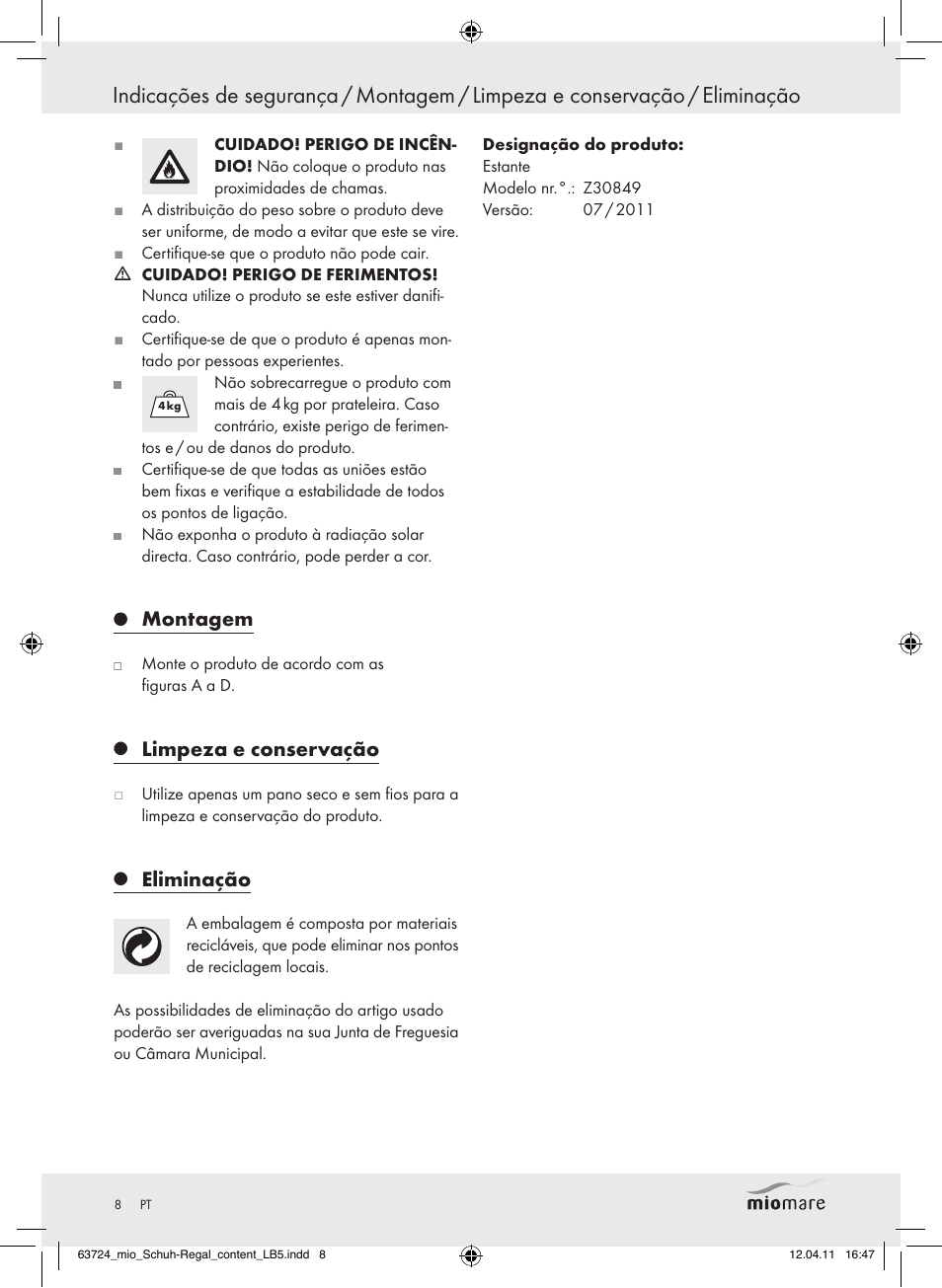 Montagem, Limpeza e conservação, Eliminação | Miomare Z30849 User Manual | Page 6 / 12