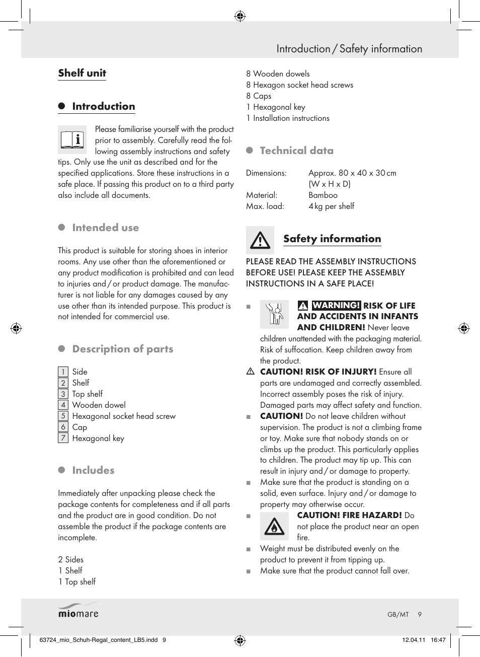 Introduction / safety information, Shelf unit, Introduction | Intended use, Description of parts, Includes, Technical data, Safety information | Miomare Z30849 User Manual | Page 7 / 12