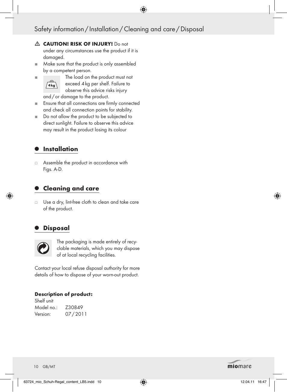 Installation, Cleaning and care, Disposal | Miomare Z30849 User Manual | Page 8 / 12