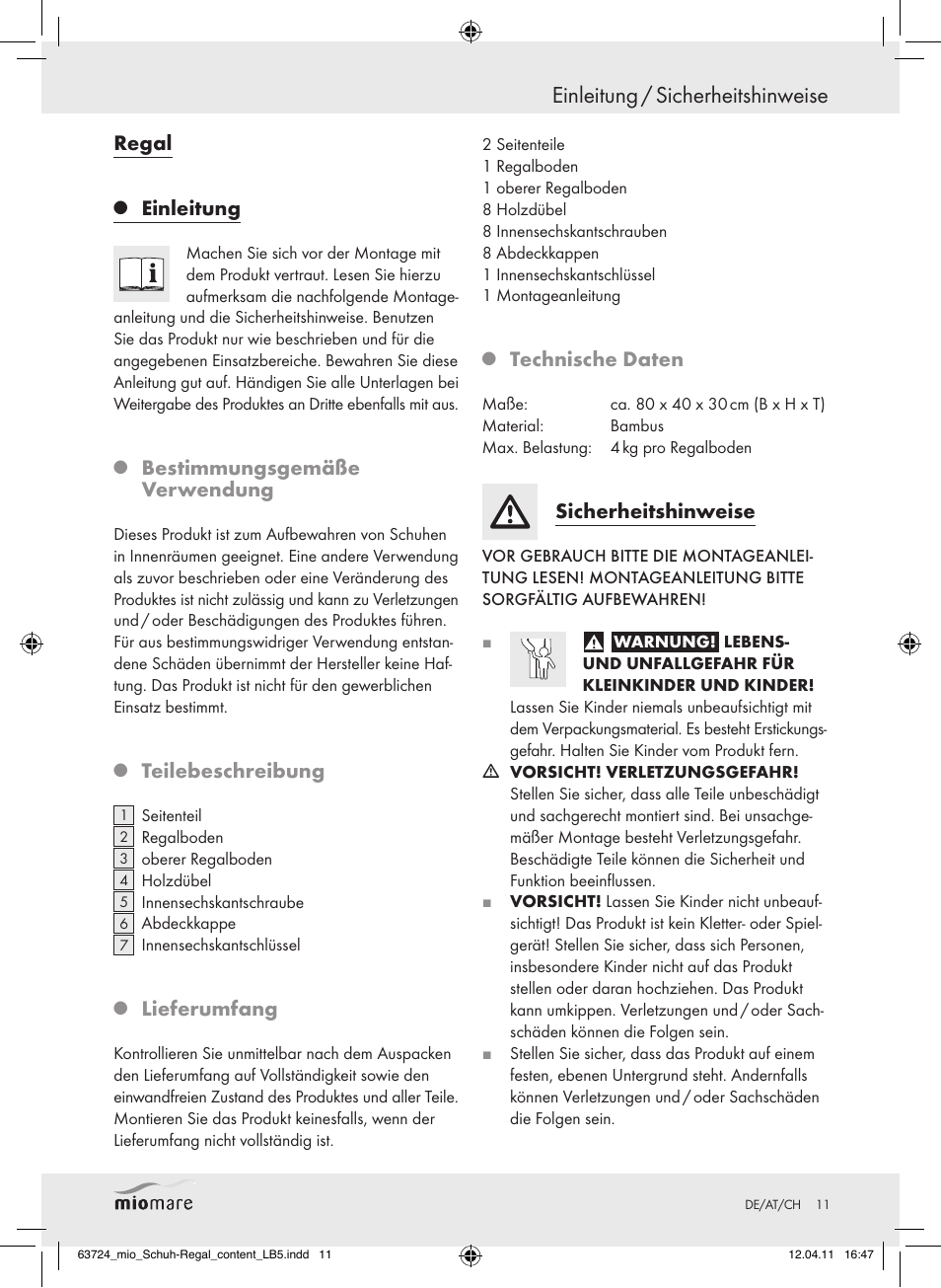 Einleitung / sicherheitshinweise, Regal, Einleitung | Bestimmungsgemäße verwendung, Teilebeschreibung, Lieferumfang, Technische daten, Sicherheitshinweise | Miomare Z30849 User Manual | Page 9 / 12