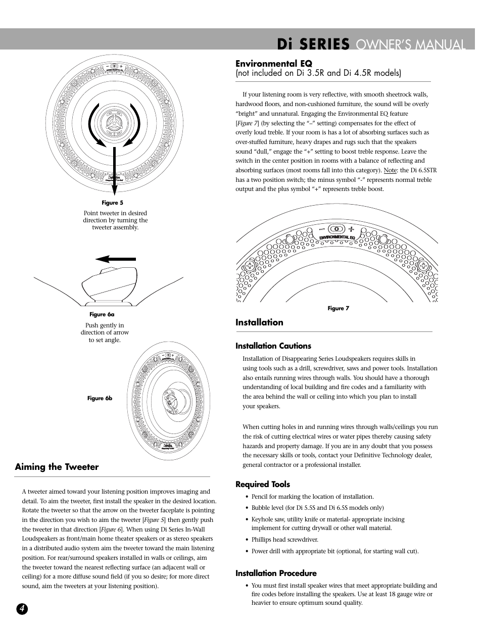 Di series, Owner’s manual, Aiming the tweeter | Installation | Definitive Technology 6.5STR User Manual | Page 4 / 8