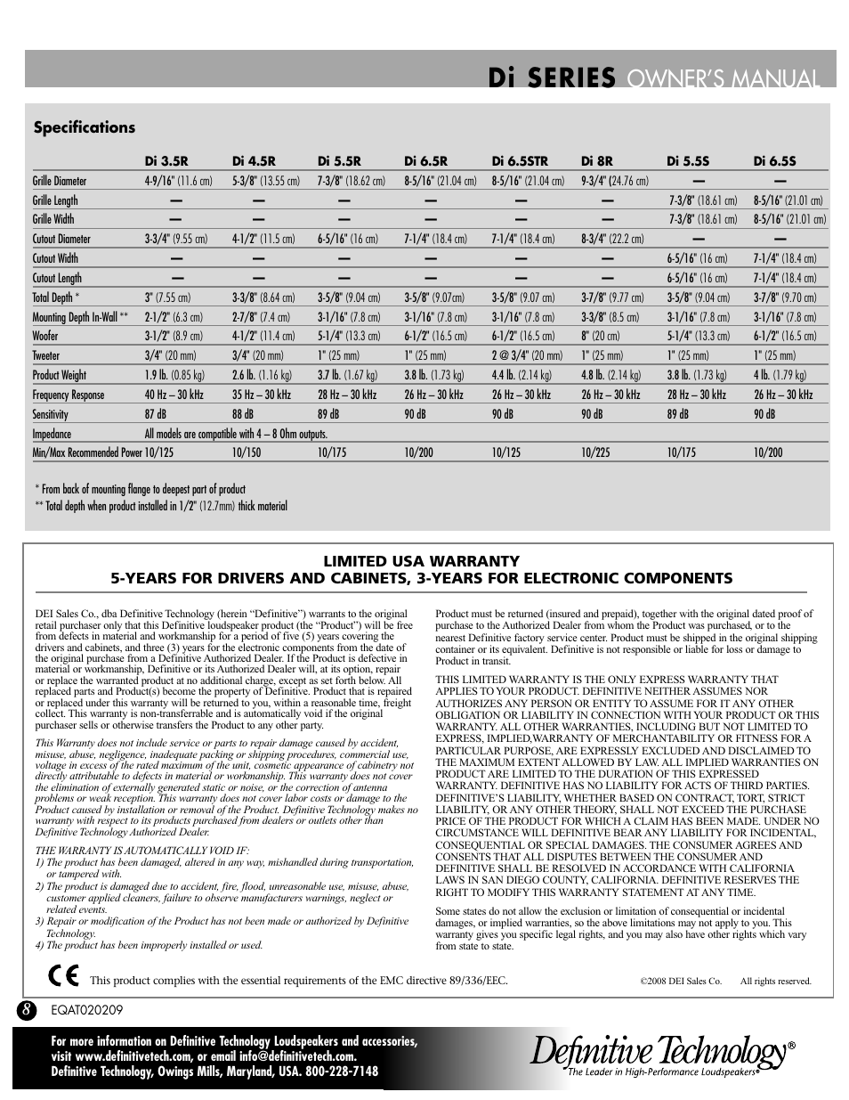 Di series, Owner’s manual | Definitive Technology 6.5STR User Manual | Page 8 / 8
