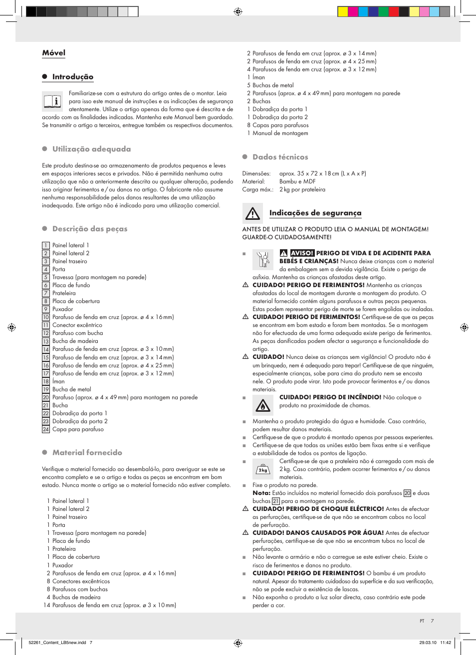 Móvel, Introdução, Utilização adequada | Descrição das peças, Material fornecido, Dados técnicos, Indicações de segurança | Miomare Z30031 User Manual | Page 5 / 14