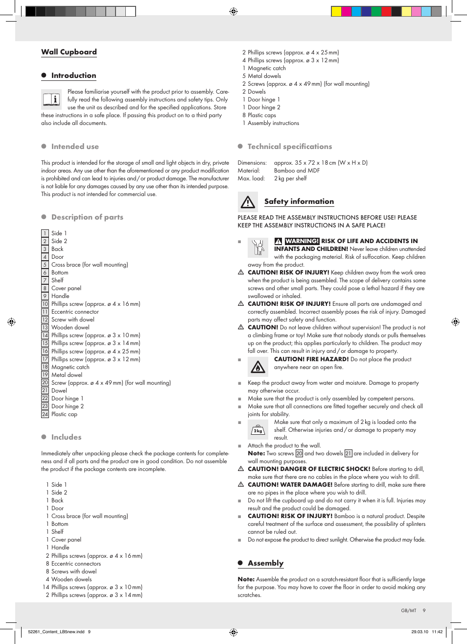Wall cupboard, Introduction, Intended use | Description of parts, Includes, Technical specifications, Safety information, Assembly | Miomare Z30031 User Manual | Page 7 / 14