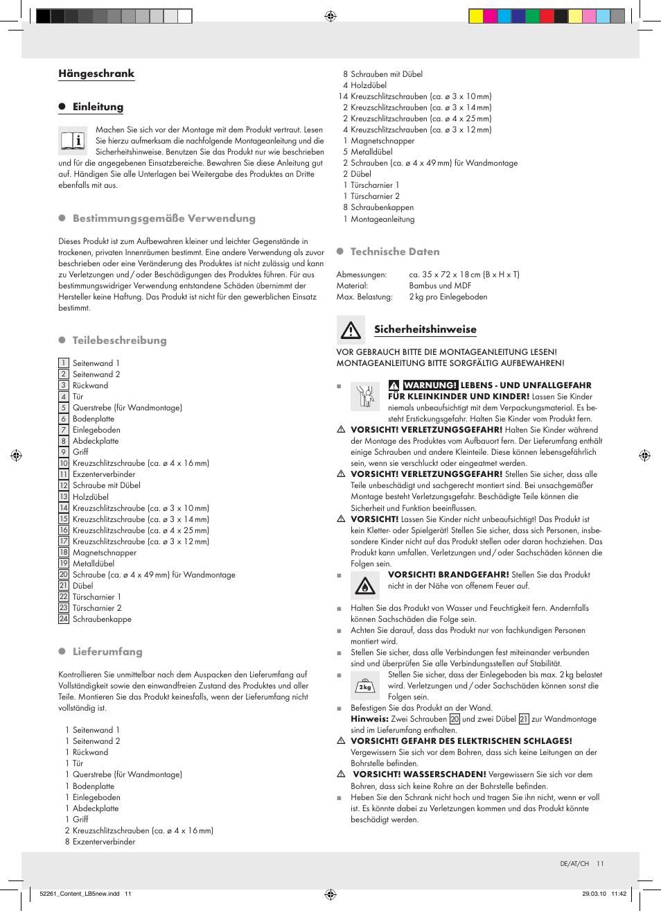 Hängeschrank, Einleitung, Bestimmungsgemäße verwendung | Teilebeschreibung, Lieferumfang, Technische daten, Sicherheitshinweise | Miomare Z30031 User Manual | Page 9 / 14