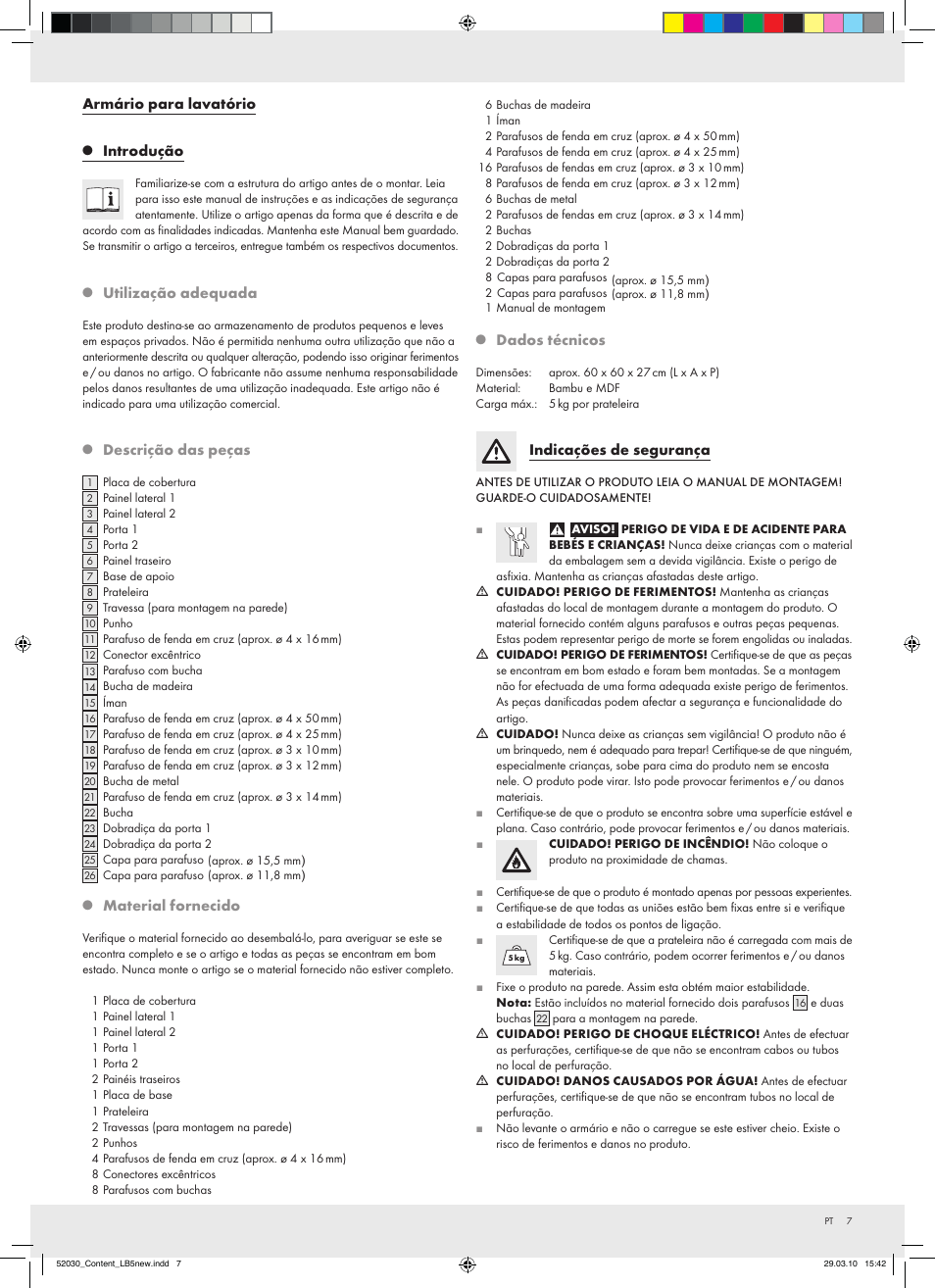 Armário para lavatório, Introdução, Descrição das peças | Material fornecido, Dados técnicos, Indicações de segurança, Utilização adequada | Miomare Z30032 User Manual | Page 5 / 14