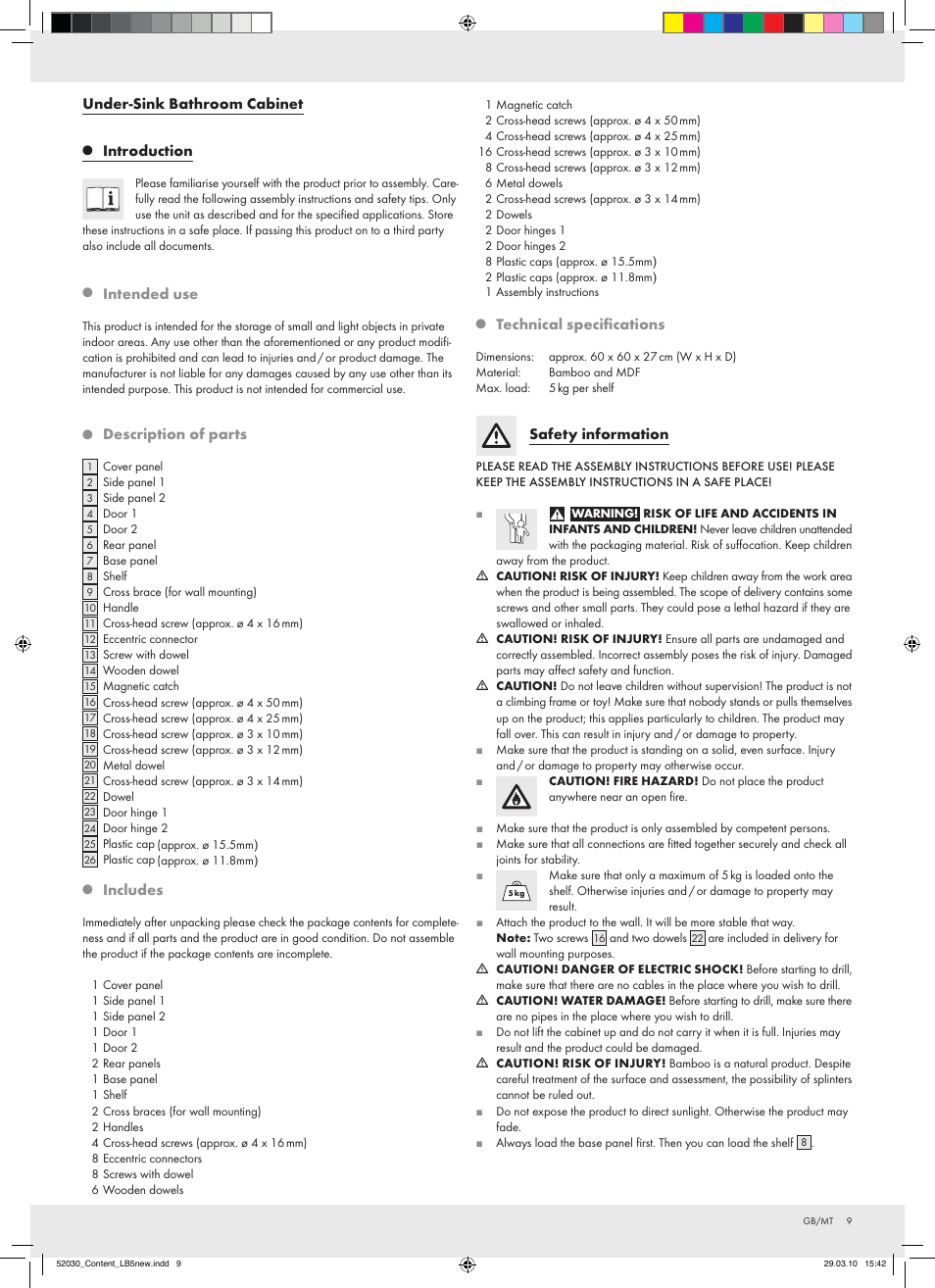 Under-sink bathroom cabinet, Introduction, Description of parts | Includes, Technical specifications, Safety information, Intended use | Miomare Z30032 User Manual | Page 7 / 14