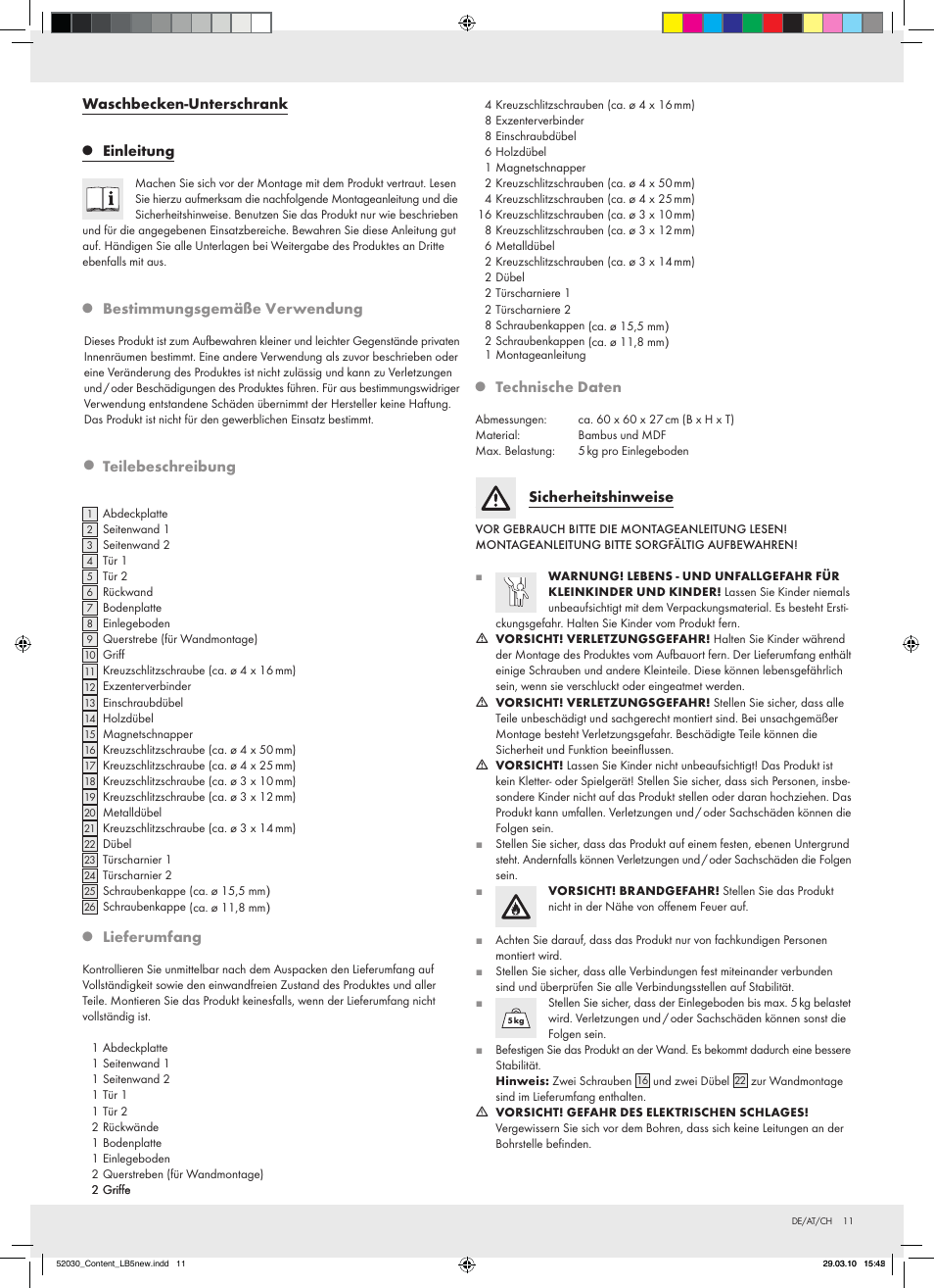 Waschbecken-unterschrank, Einleitung, Bestimmungsgemäße v | Teilebeschreibung, Lieferumfang, Technische daten, Sicherheitshinweise, Erwendung | Miomare Z30032 User Manual | Page 9 / 14