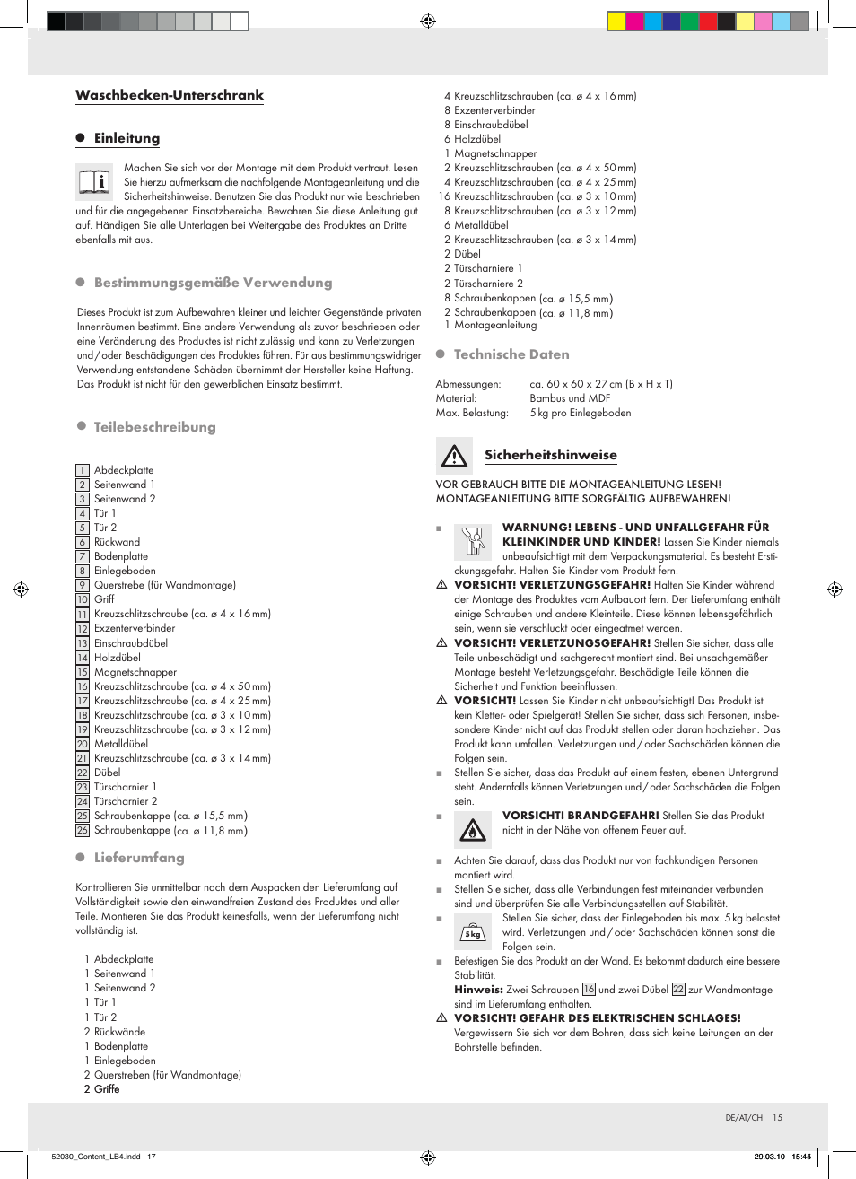 Waschbecken-unterschrank, Einleitung, Bestimmungsgemäße v | Teilebeschreibung, Lieferumfang, Technische daten, Sicherheitshinweise, Erwendung | Miomare Z30032 User Manual | Page 13 / 18