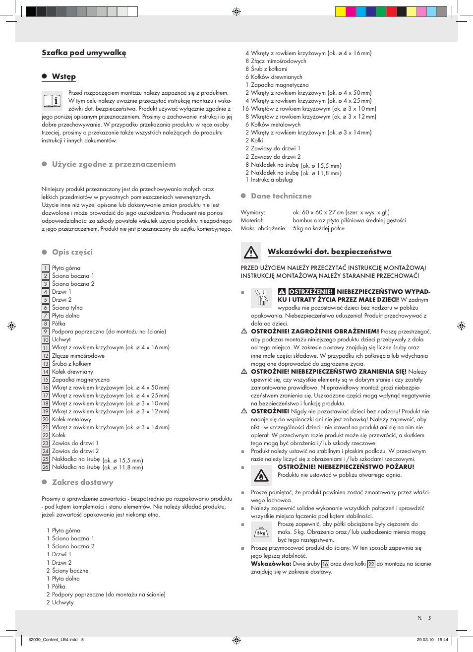 Szafka pod umywalkę, Wstęp, Użycie zgodne z pr zeznaczeniem | Opis części, Zakres dostawy, Dane techniczne, Wskazówki dot. bezpieczeństwa | Miomare Z30032 User Manual | Page 3 / 18