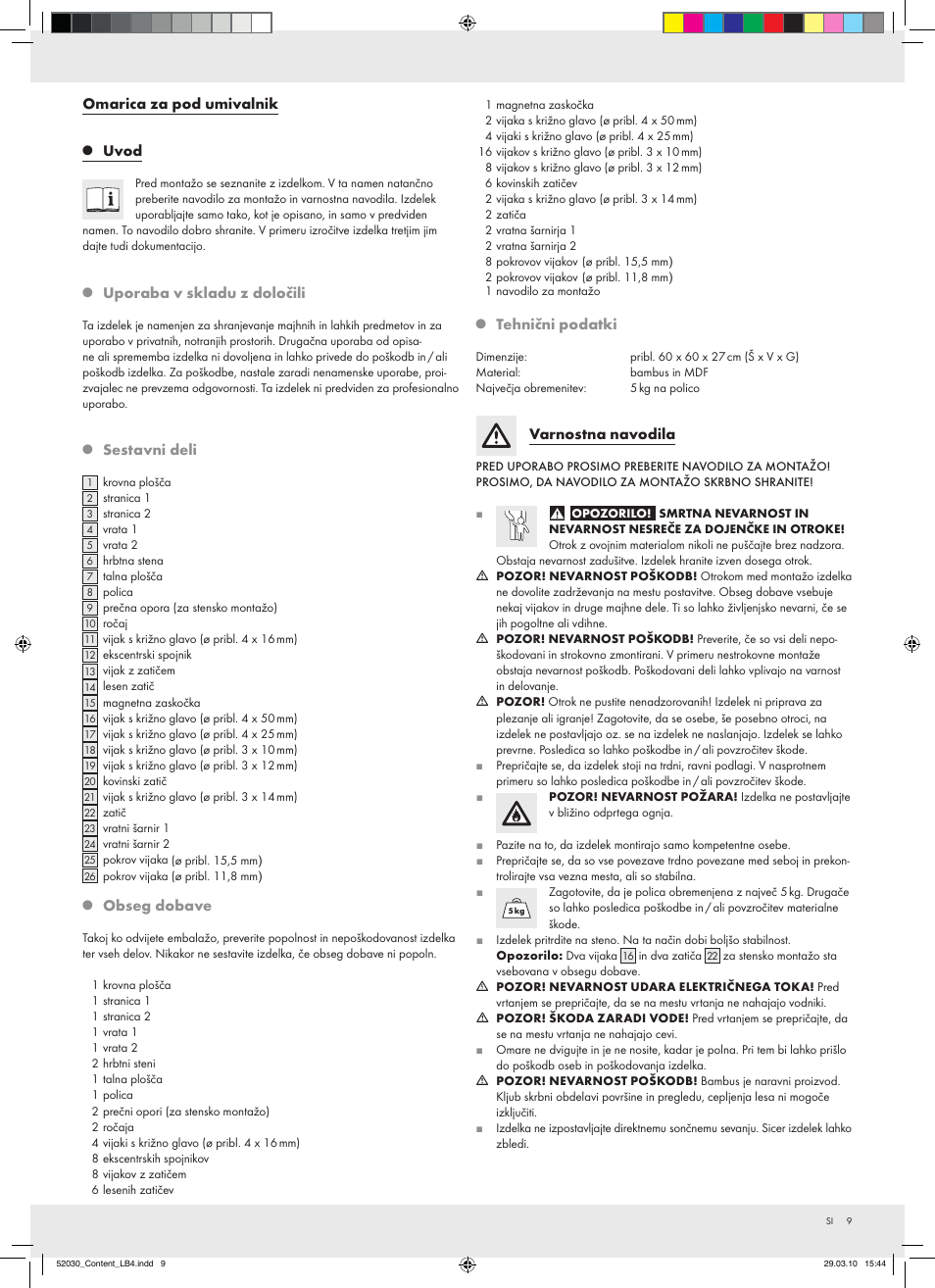 Omarica za pod umivalnik, Uvod, Uporaba v skladu z določili | Sestavni deli, Obseg dobave, Tehnični podatki, Varnostna navodila | Miomare Z30032 User Manual | Page 7 / 18