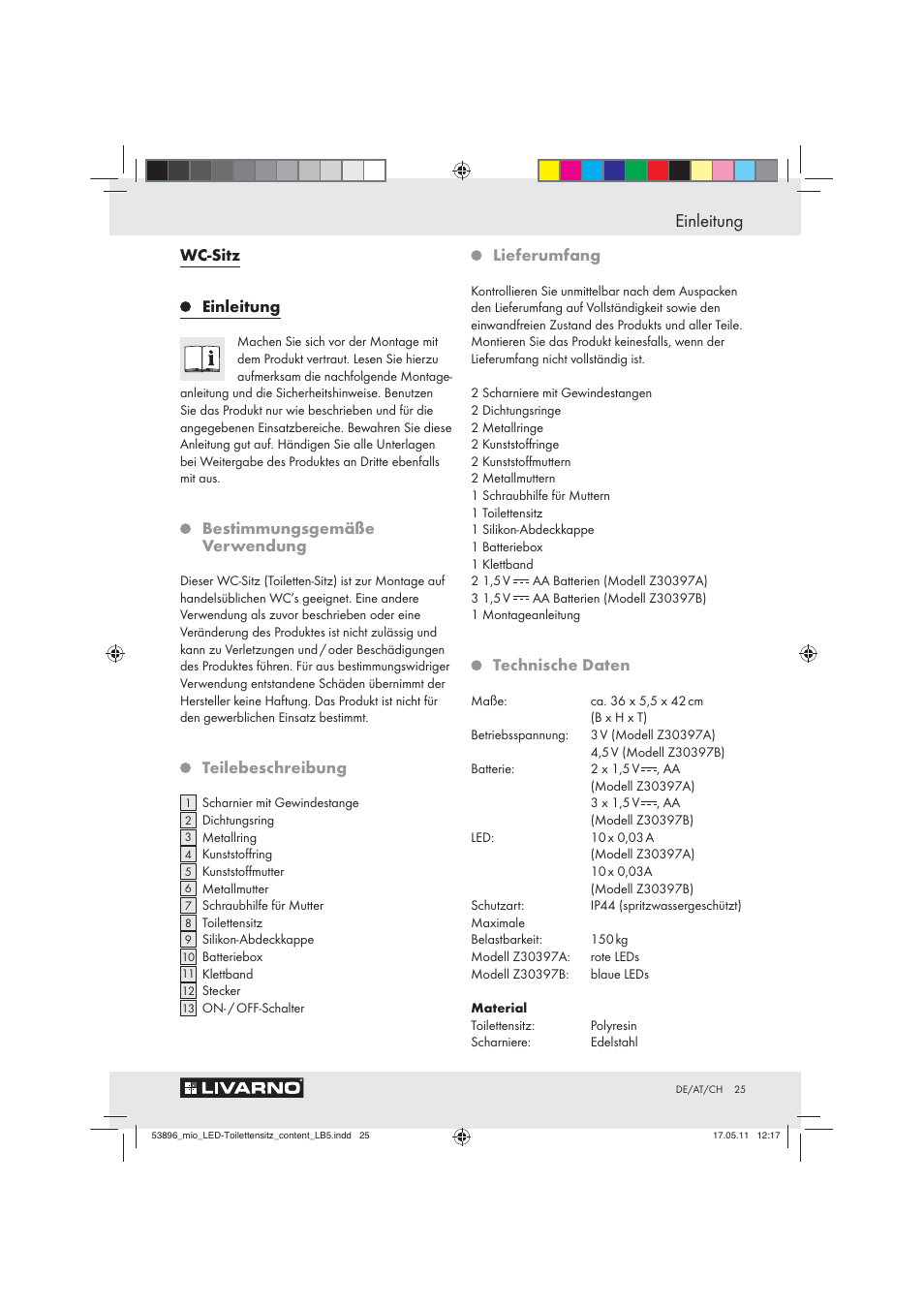 Einleitung, Wc-sitz, Bestimmungsgemäße verwendung | Teilebeschreibung, Lieferumfang, Technische daten | Miomare Z30397 User Manual | Page 23 / 31