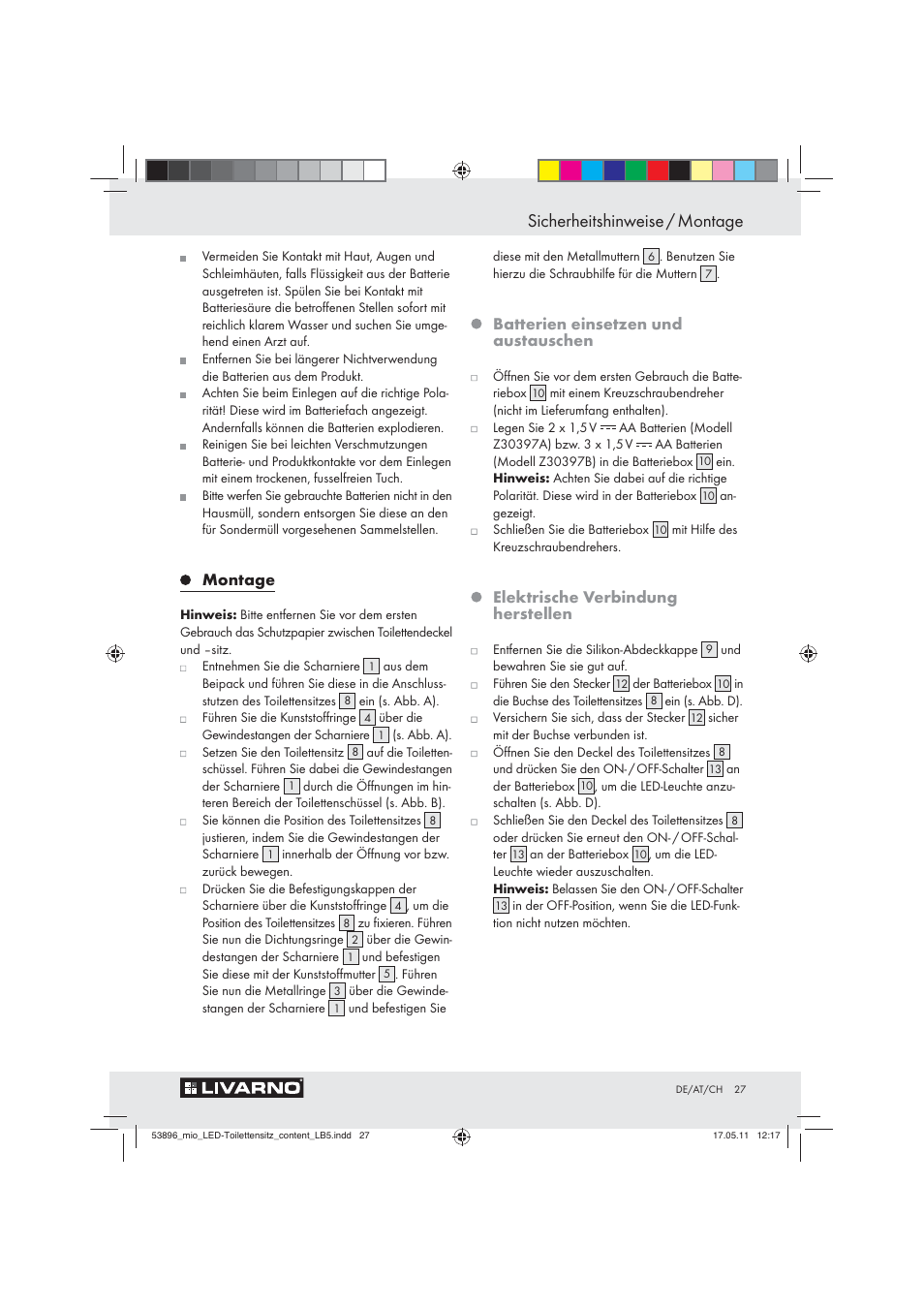 Sicherheitshinweise / montage, Montage, Batterien einsetzen und austauschen | Elektrische verbindung herstellen | Miomare Z30397 User Manual | Page 25 / 31