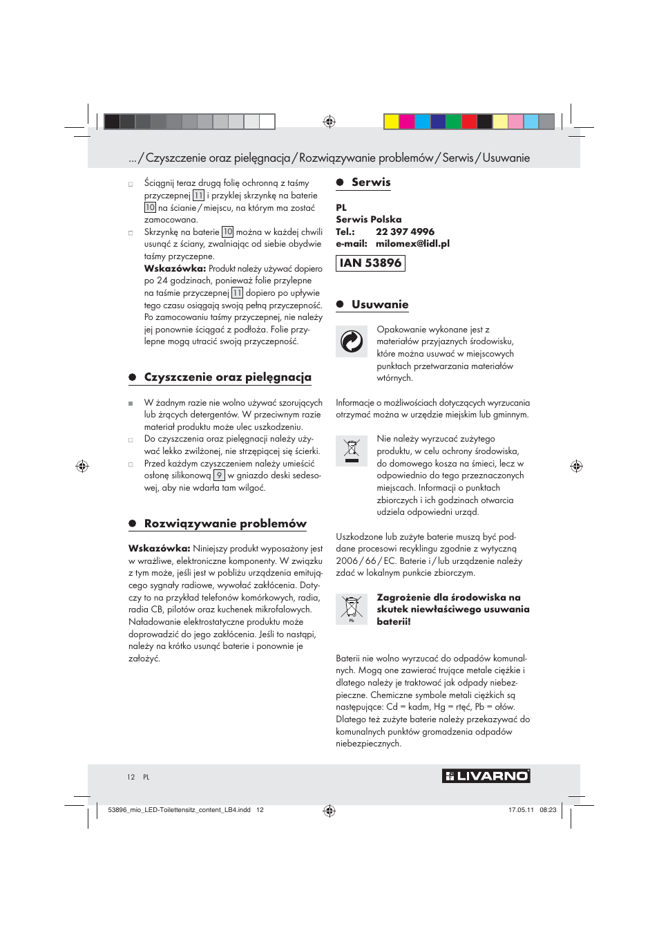 Czyszczenie oraz pielęgnacja, Rozwiązywanie problemów, Serwis | Usuwanie | Miomare Z30397 User Manual | Page 10 / 42