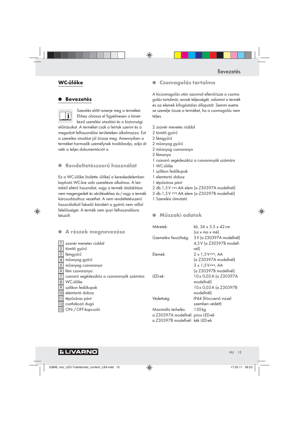 Bevezetés, Wc-ülőke, Rendeltetésszerű használat | A részek megnevezése, Csomagolás tartalma, Műszaki adatok | Miomare Z30397 User Manual | Page 13 / 42