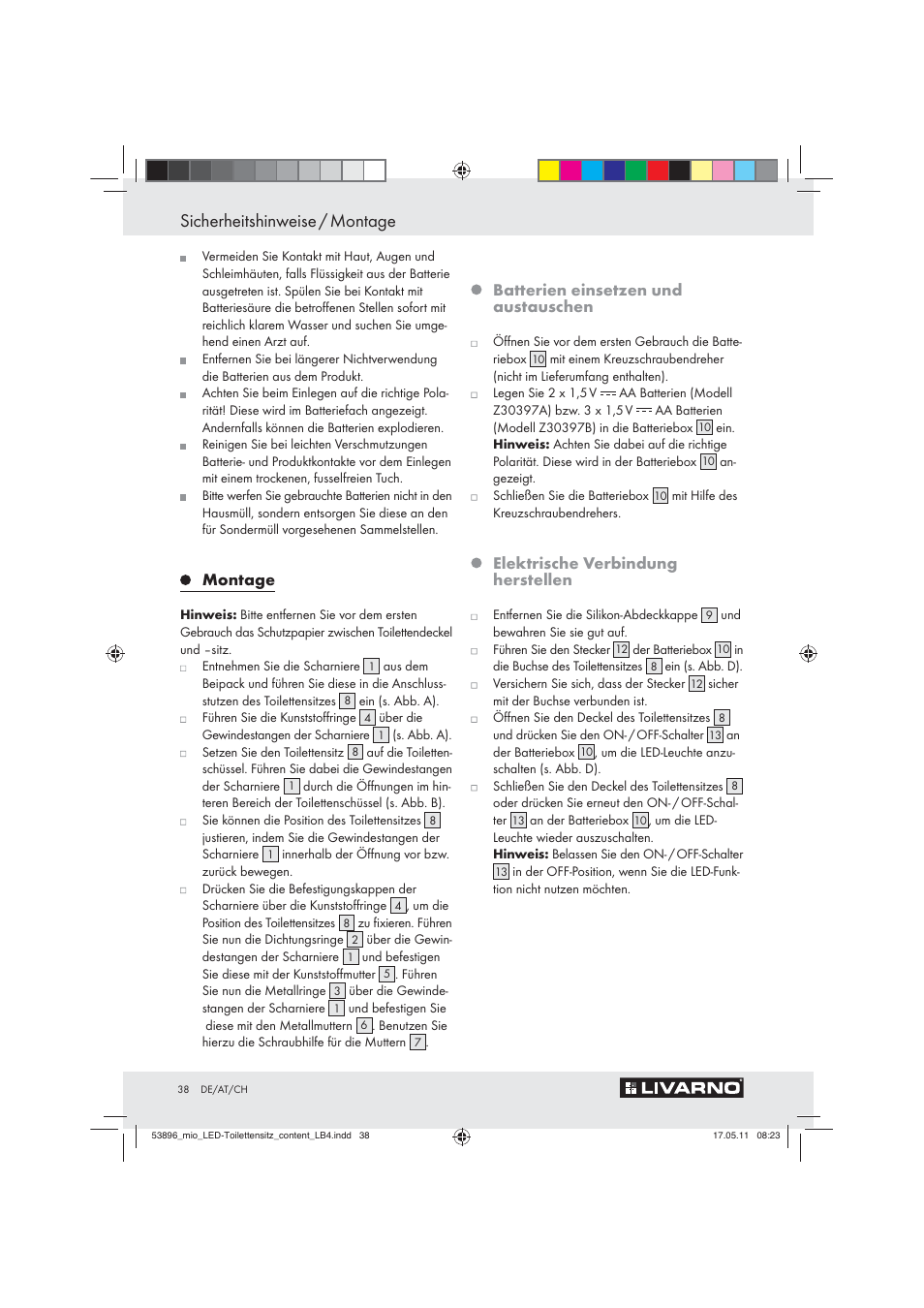 Sicherheitshinweise / montage, Montage, Batterien einsetzen und austauschen | Elektrische verbindung herstellen | Miomare Z30397 User Manual | Page 36 / 42