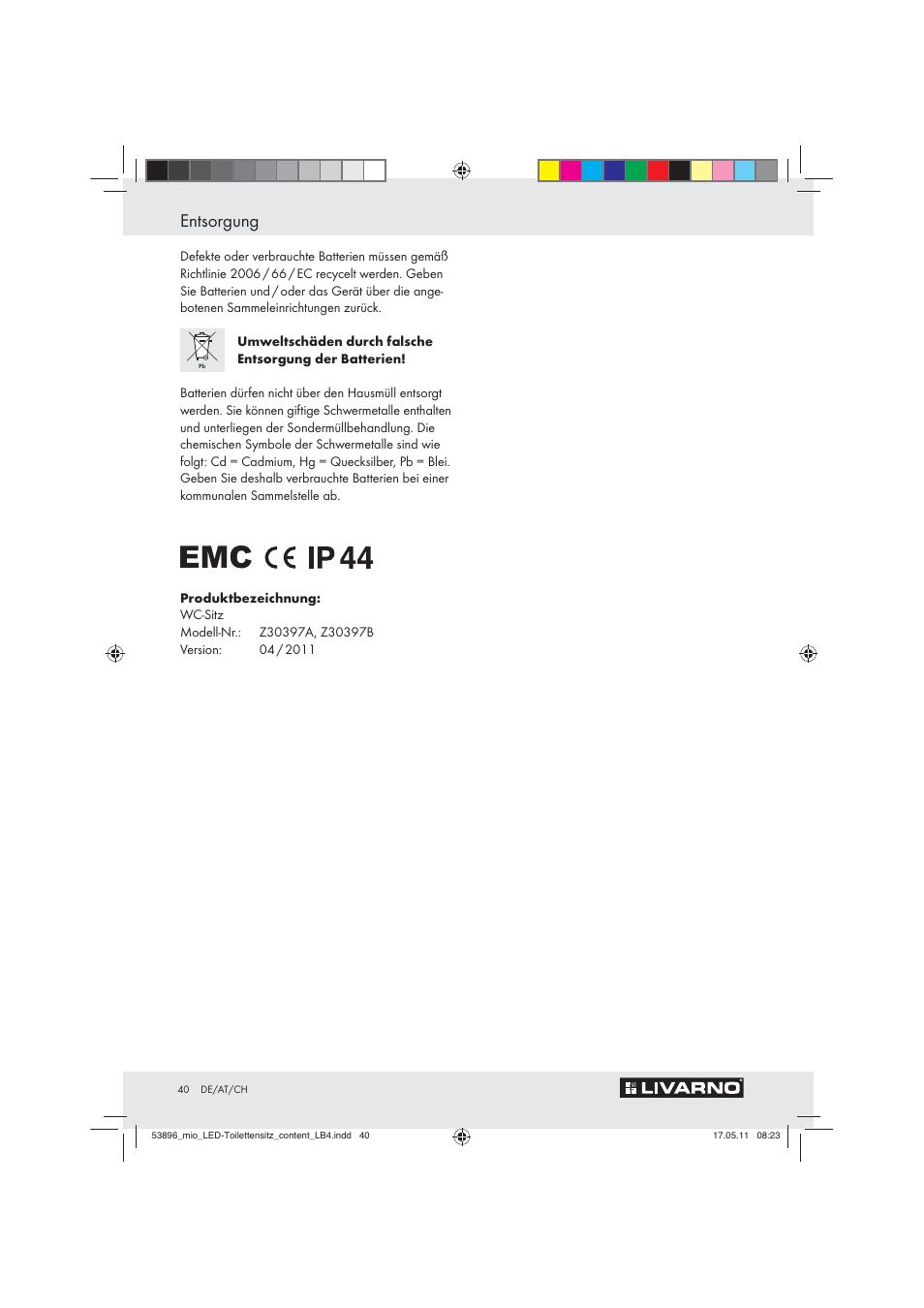 Entsorgung | Miomare Z30397 User Manual | Page 38 / 42
