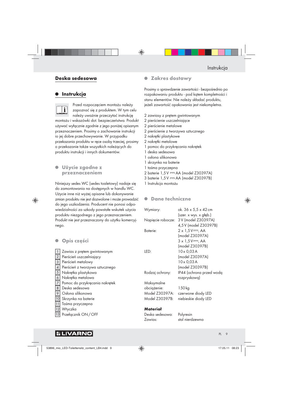 Instrukcja, Deska sedesowa, Użycie zgodne z przeznaczeniem | Opis części, Zakres dostawy, Dane techniczne | Miomare Z30397 User Manual | Page 7 / 42