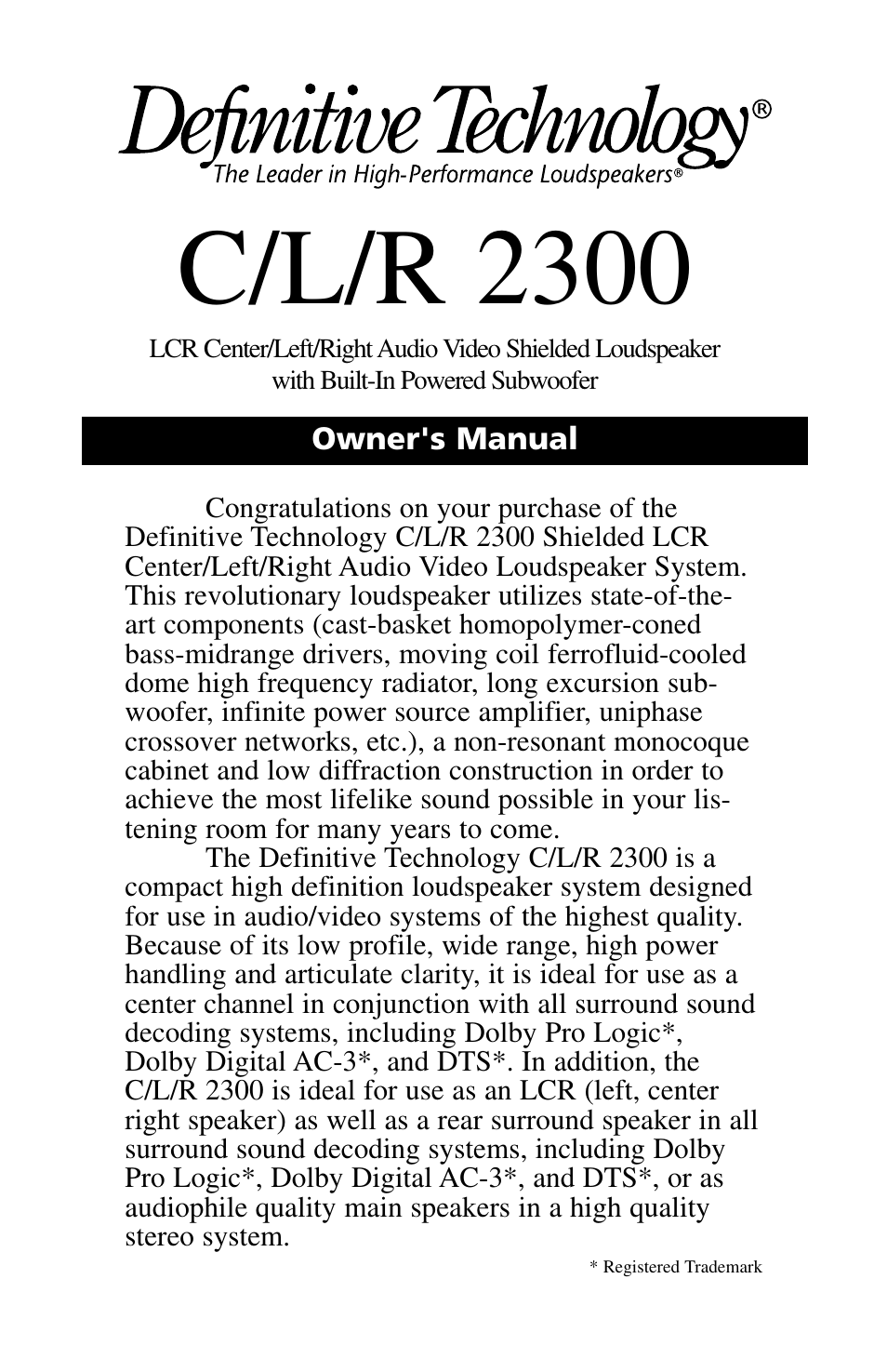 Definitive Technology C/L/R 2300 User Manual | 10 pages