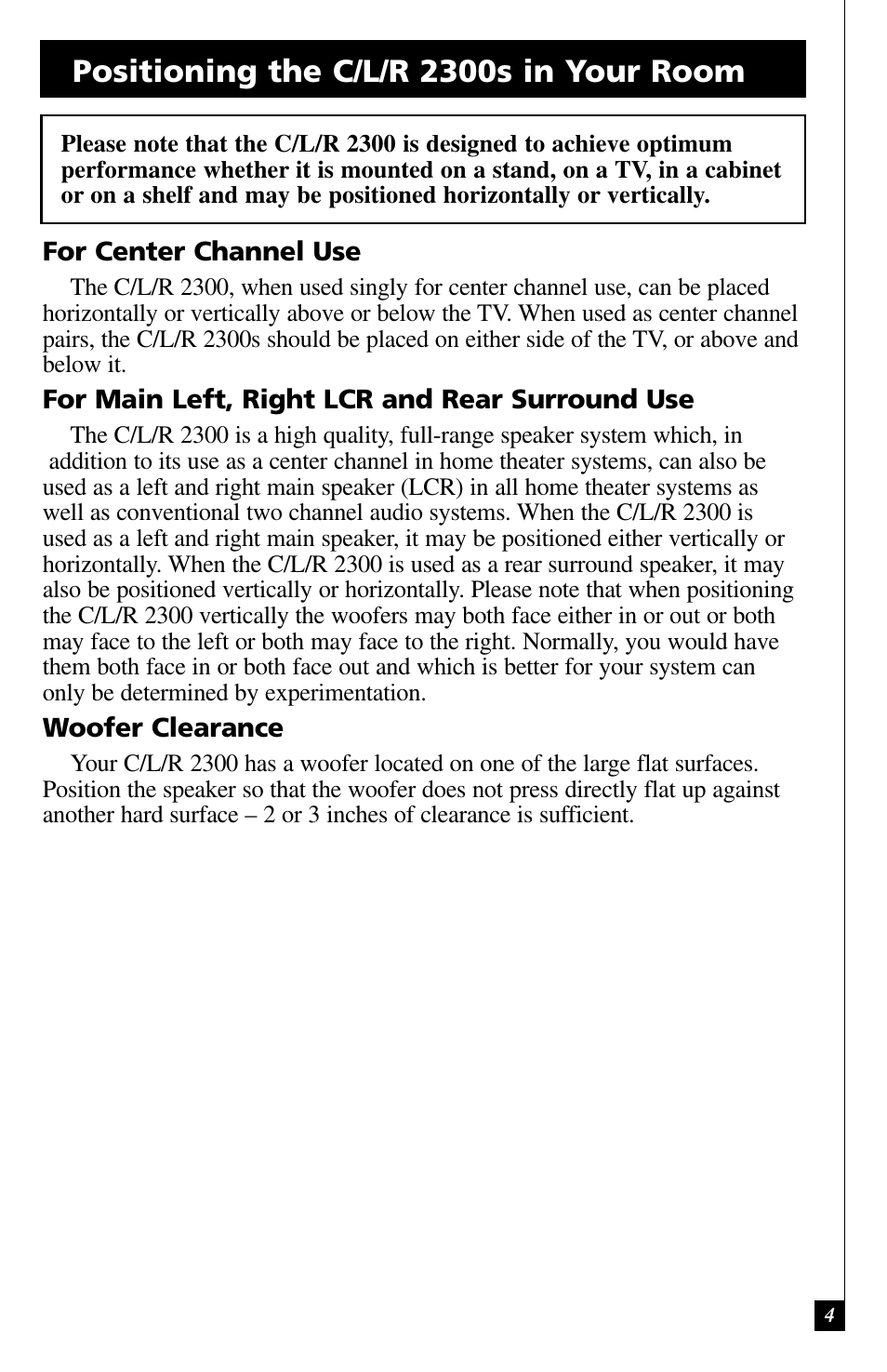 Positioning the c/l/r 2300s in your room | Definitive Technology C/L/R 2300 User Manual | Page 4 / 10