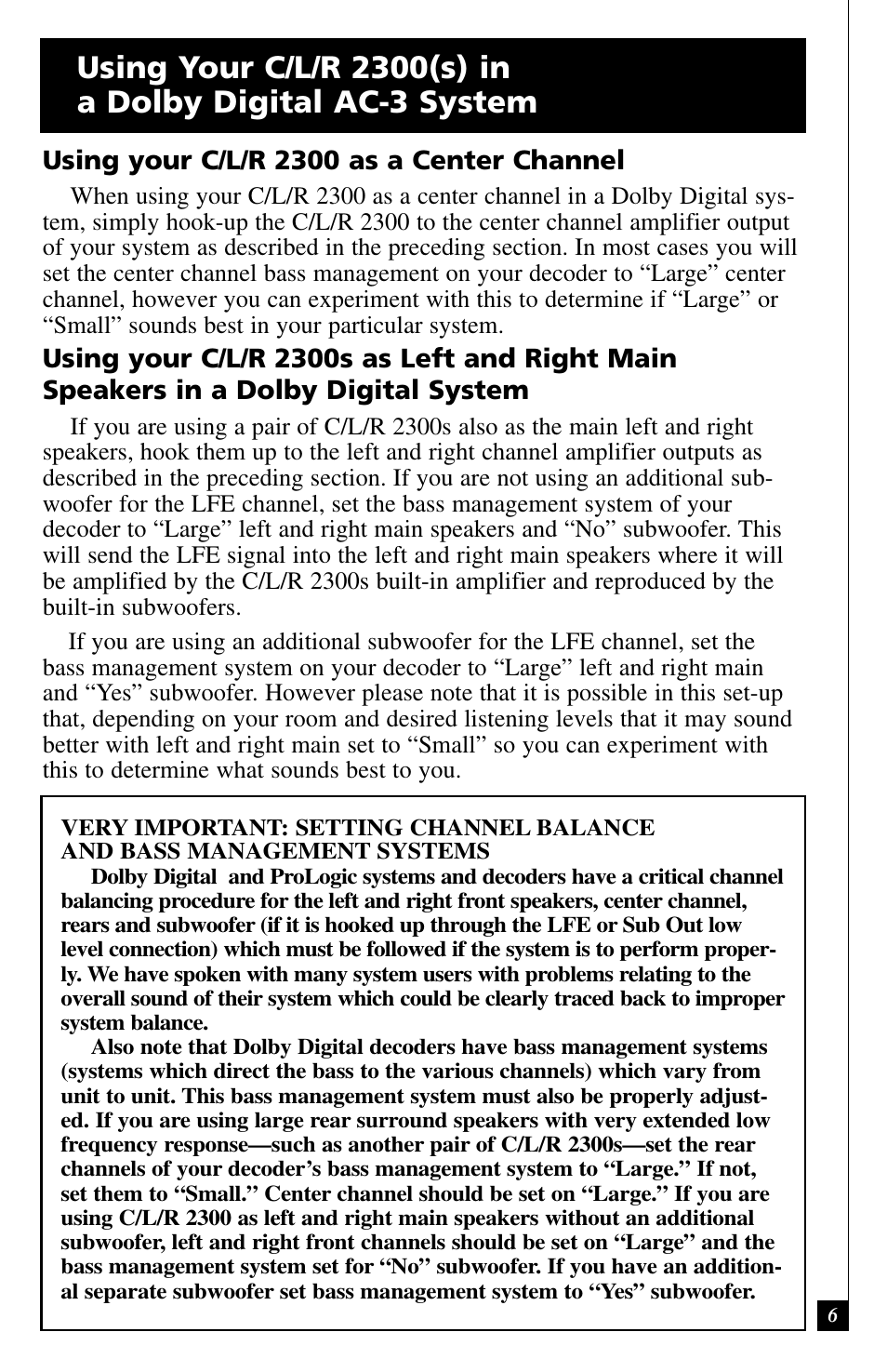 Using your c/l/r 2300 as a center channel | Definitive Technology C/L/R 2300 User Manual | Page 6 / 10