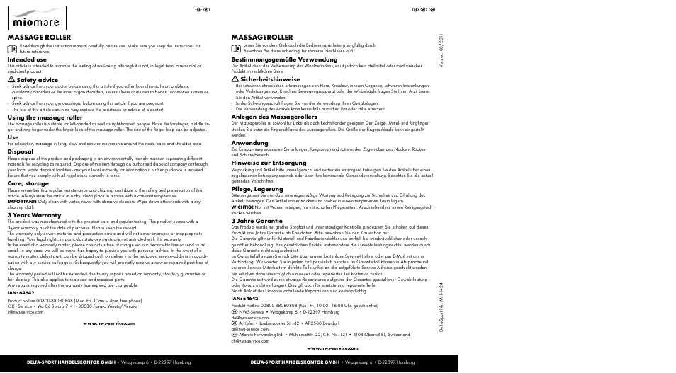 Massageroller, Massage roller | Miomare MH-1424 User Manual | Page 2 / 2