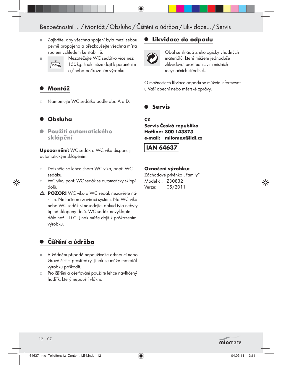 Montáž, Obsluha, Použití automatického sklápění | Čištění a údržba, Likvidace do odpadu, Servis | Miomare Z30832 User Manual | Page 10 / 16