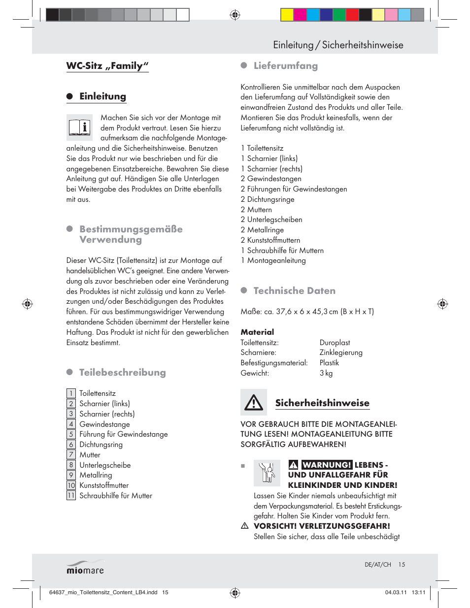 Einleitung / sicherheitshinweise, Wc-sitz „family, Einleitung | Bestimmungsgemäße verwendung, Teilebeschreibung, Lieferumfang, Technische daten, Sicherheitshinweise | Miomare Z30832 User Manual | Page 13 / 16