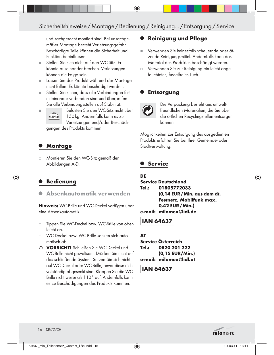 Montage, Bedienung, Absenkautomatik verwenden | Reinigung und pﬂege, Entsorgung, Service | Miomare Z30832 User Manual | Page 14 / 16