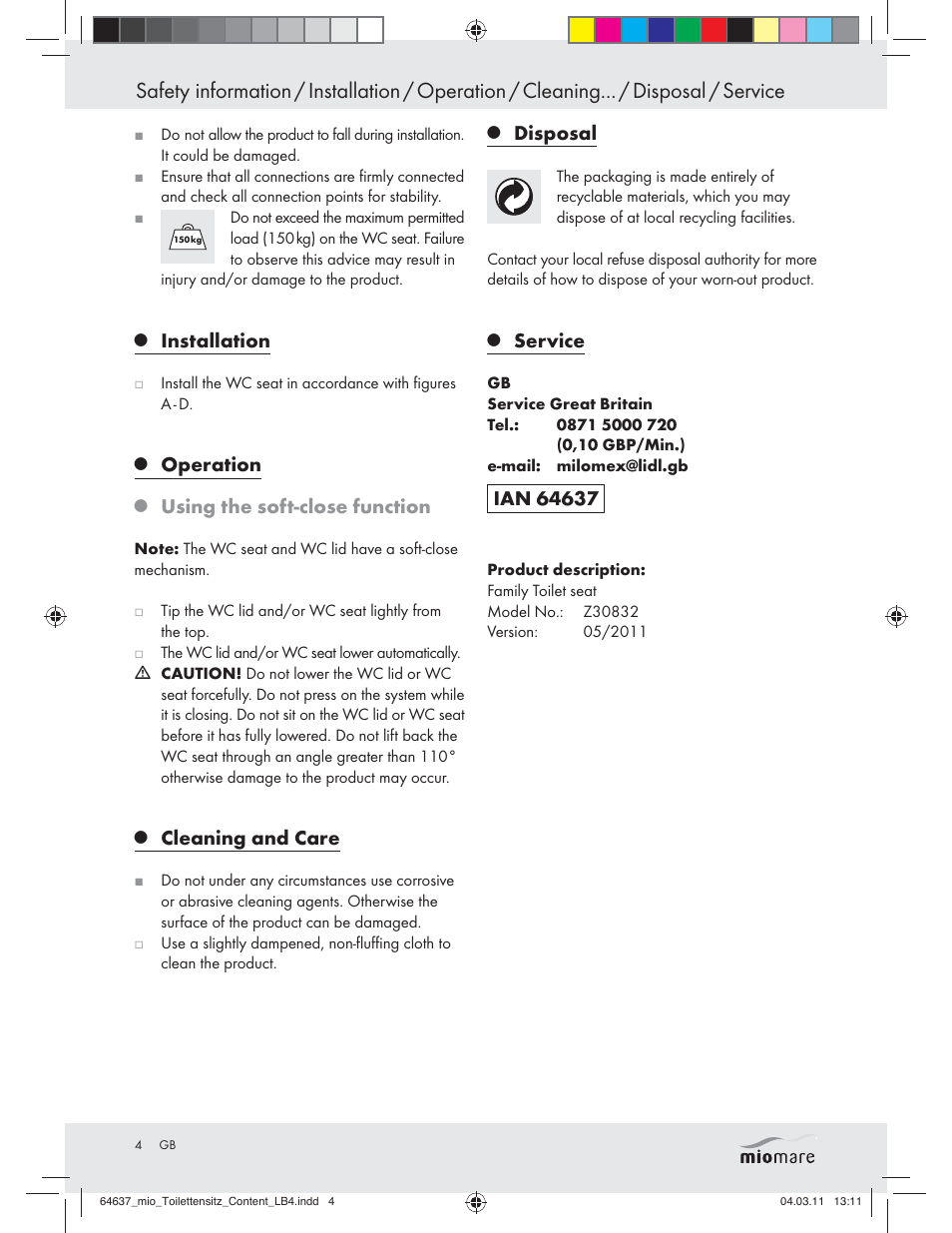 Installation, Operation, Using the soft-close function | Cleaning and care, Disposal, Service | Miomare Z30832 User Manual | Page 2 / 16
